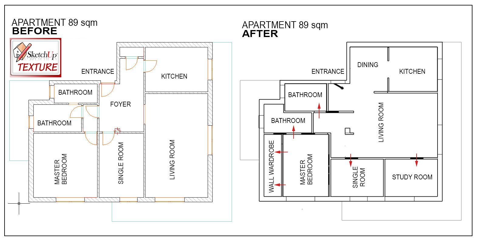 2d layout renovated apartment 89 sqm before - after