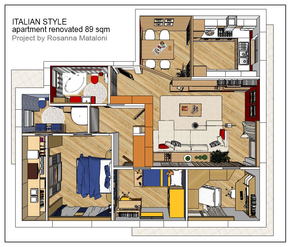 3D layout renovated apartment 89 m square before