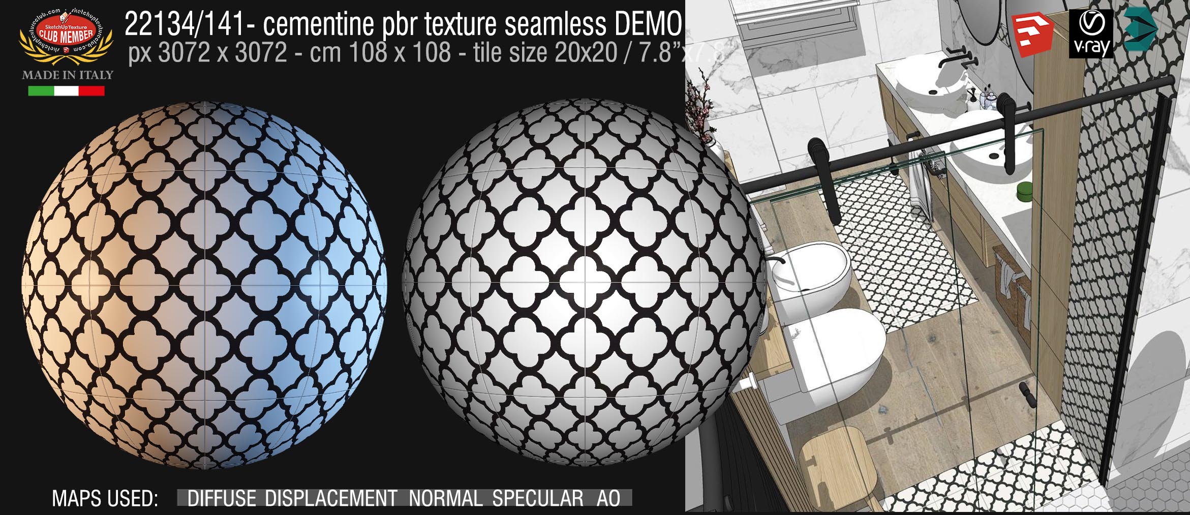 Cementine tiles Pbr texture seamless 22134