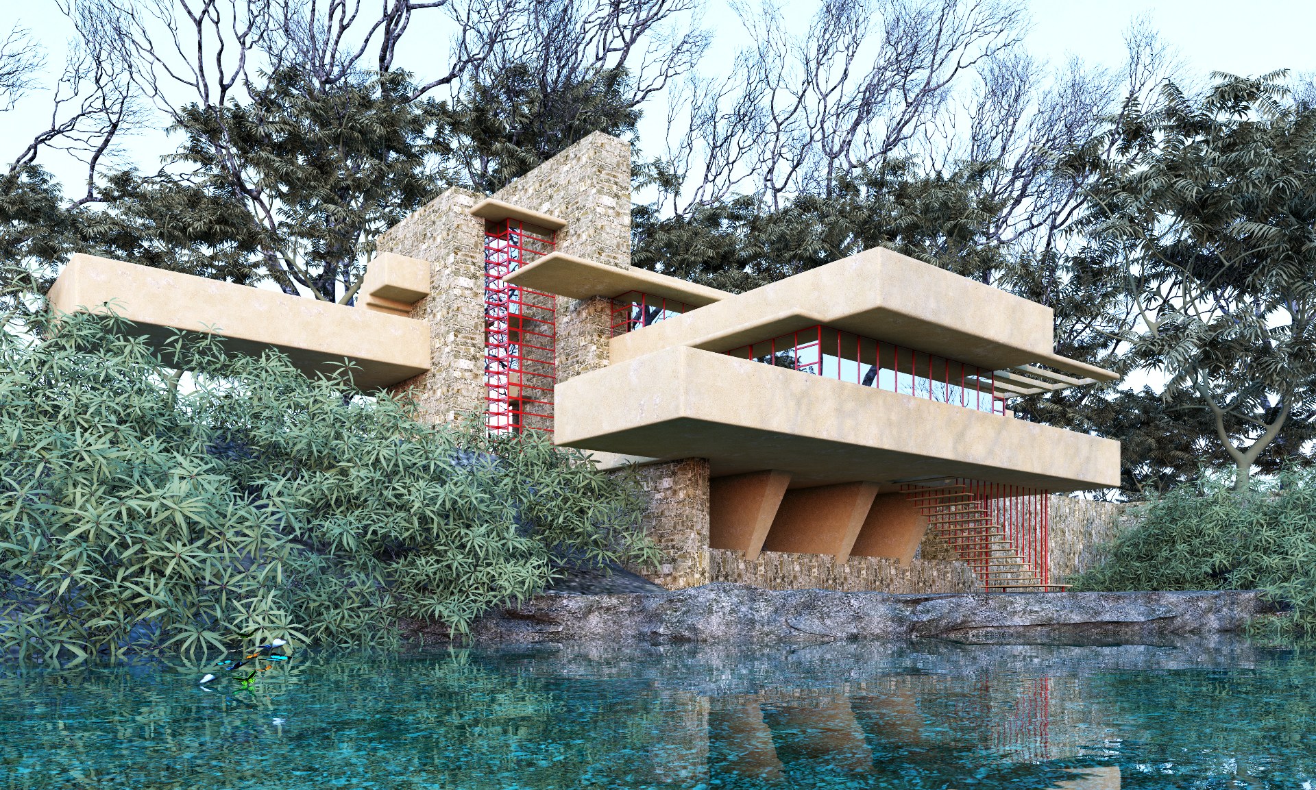 Fallingwater house vray render by Candra Risanto