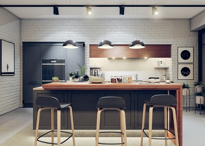 MInimal rustic kitchen | Claudio Anello rendering 3D - frontal night view