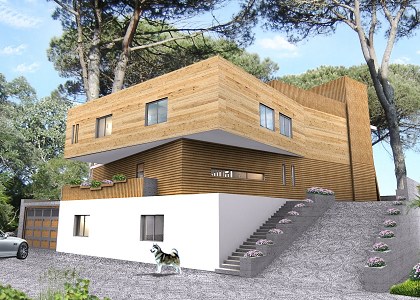 Modern single family villa in Tuscany Italy | Modern family villa podium render rear side view