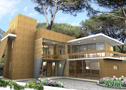 Modern single family villa in Tuscany Italy | Modern family villa podium render front view