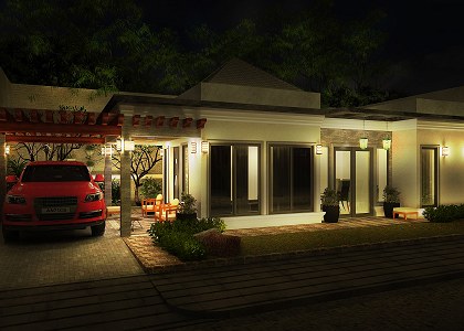 modern simple house & Visopt | left view rendered night time by Rondel Calcena