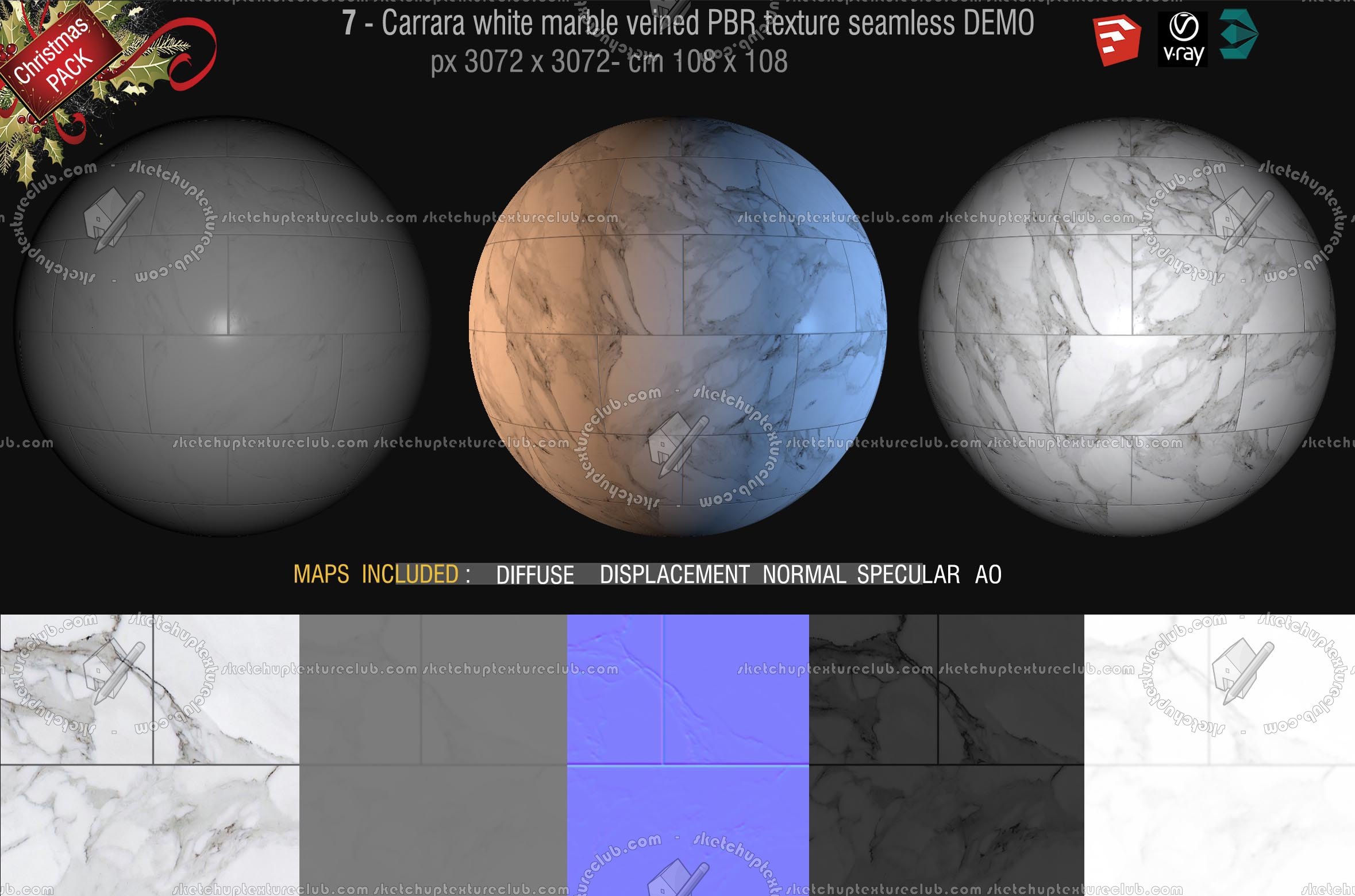 Free PBR textures package Christmas 2019 00055 - 7_Carrara white marble floor PBR texture DEMO