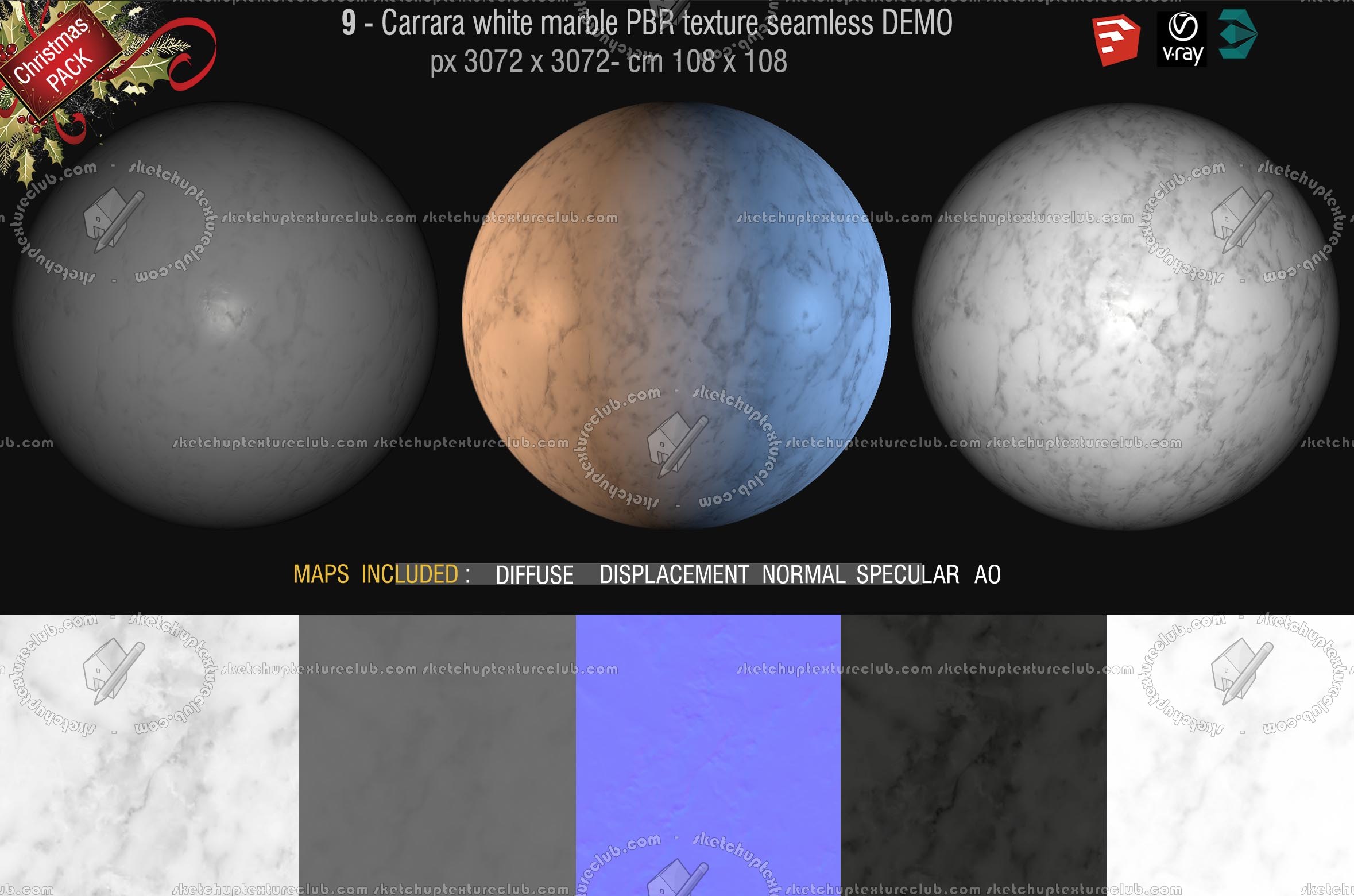 Free PBR textures package Christmas 2019 00055 - 9_Carrara white marble PBR texture DEMO