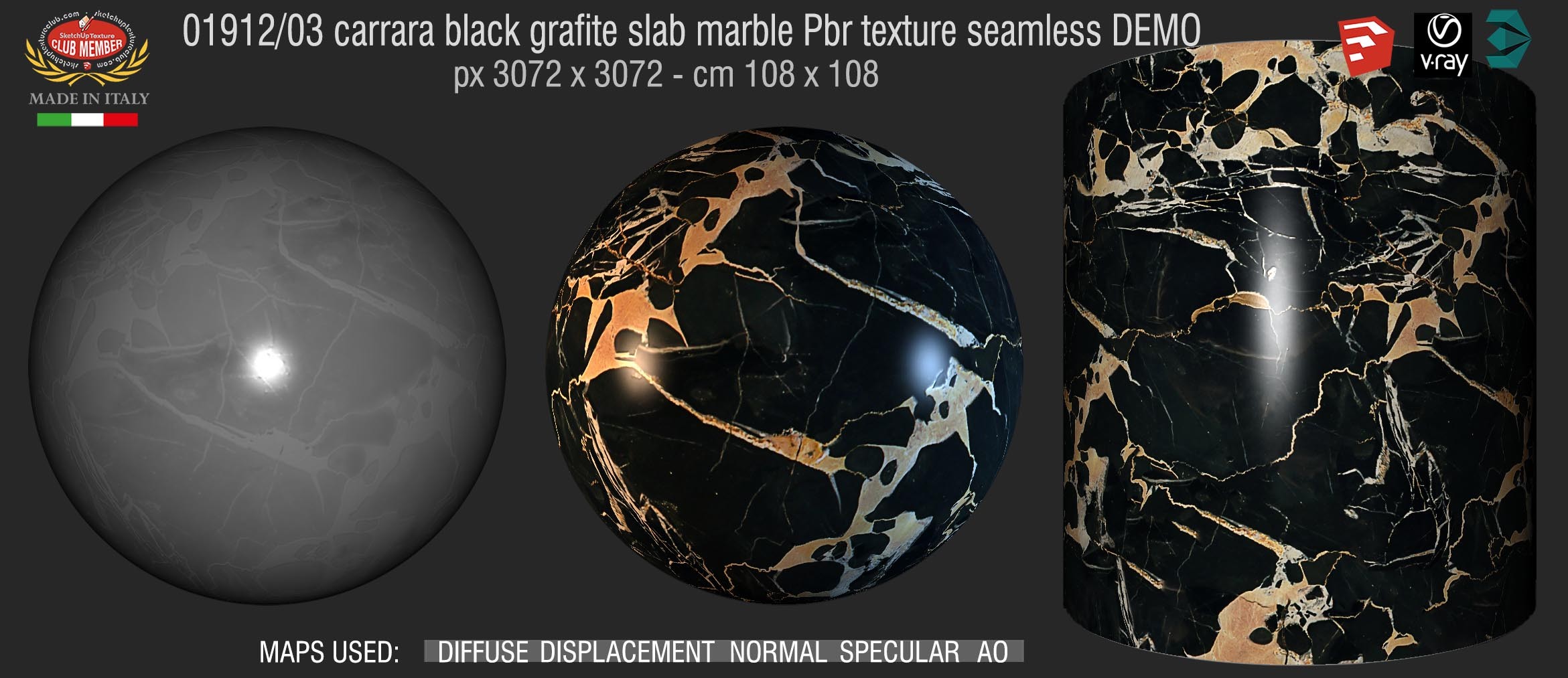 01912_03 carrara black grafite slab marble Pbr texture seamless DEMO