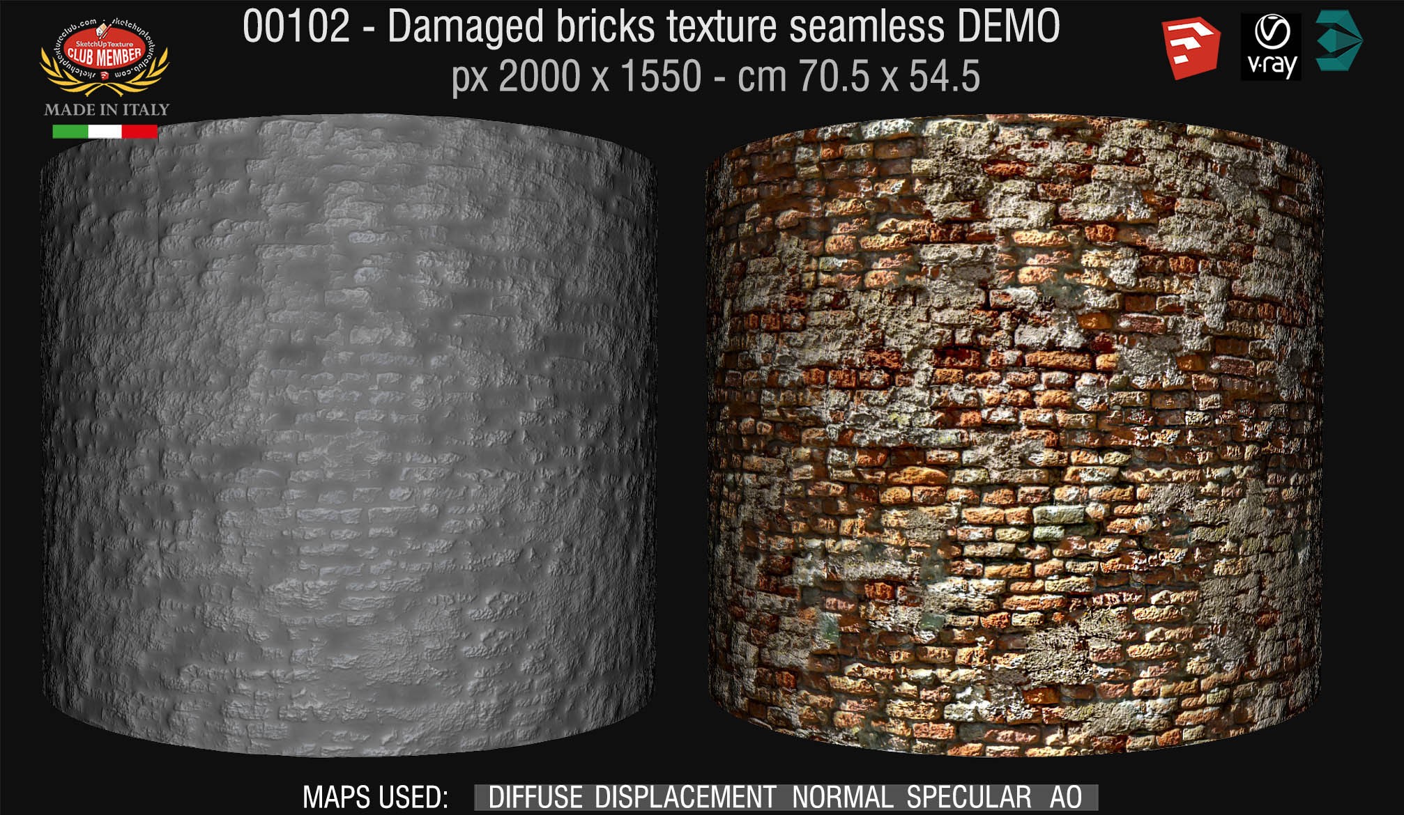 00102 Damaged bricks texture seamless + maps DEMO