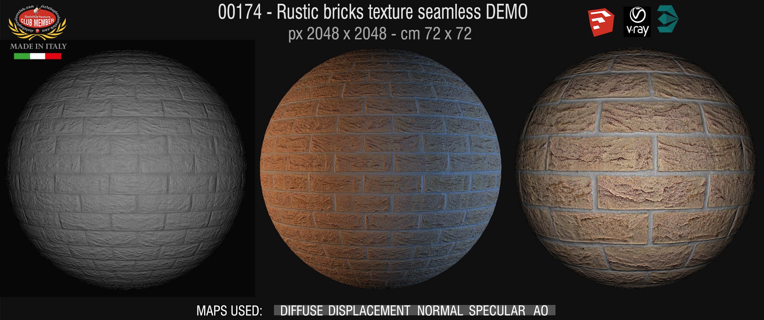 00174  Rustic bricks texture seamless + maps DEMO