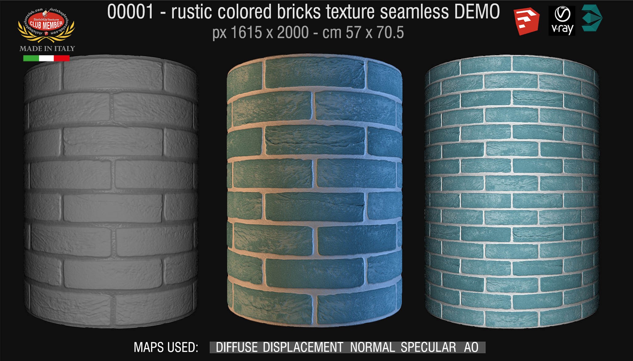 00001 colored rustic bricks texture seamless + maps DEMO