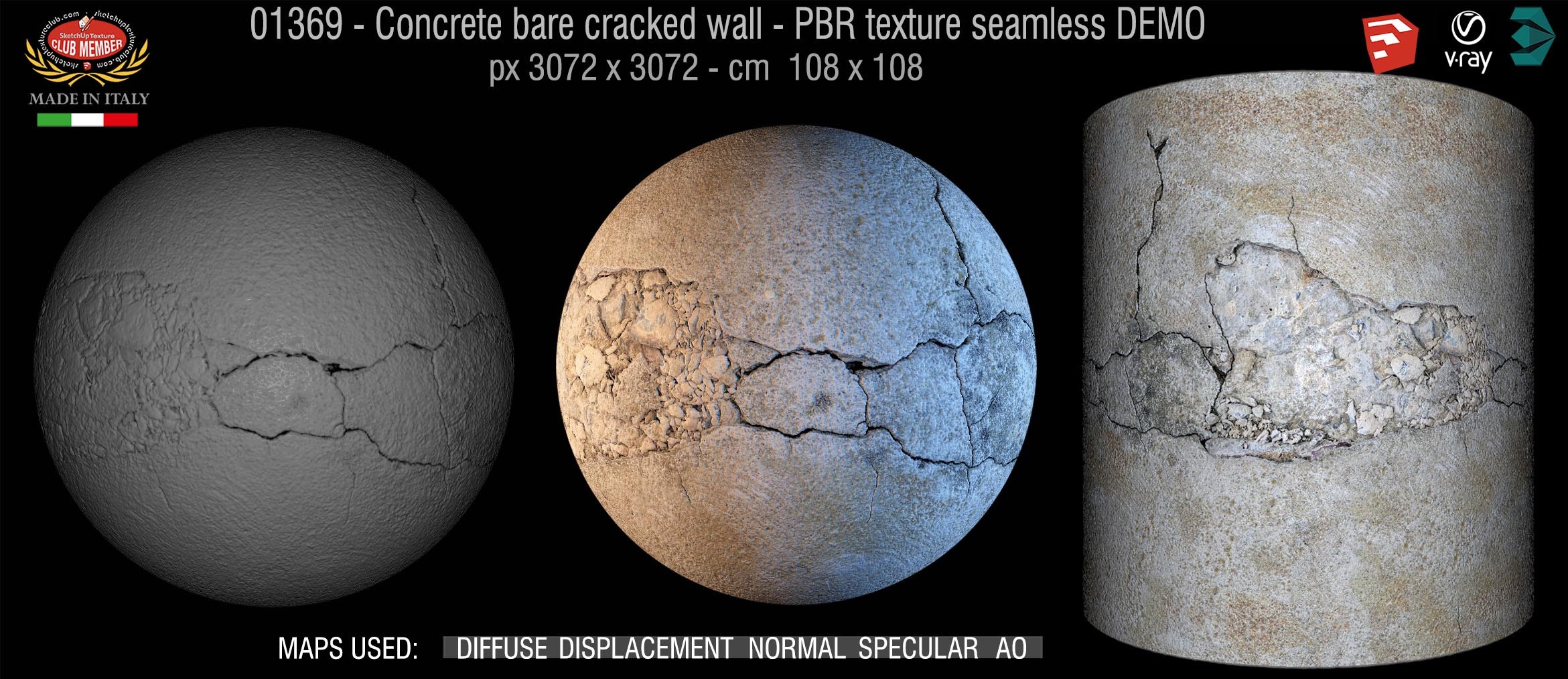 01369 Concrete bare cracked wall PBR texture seamless DEMO