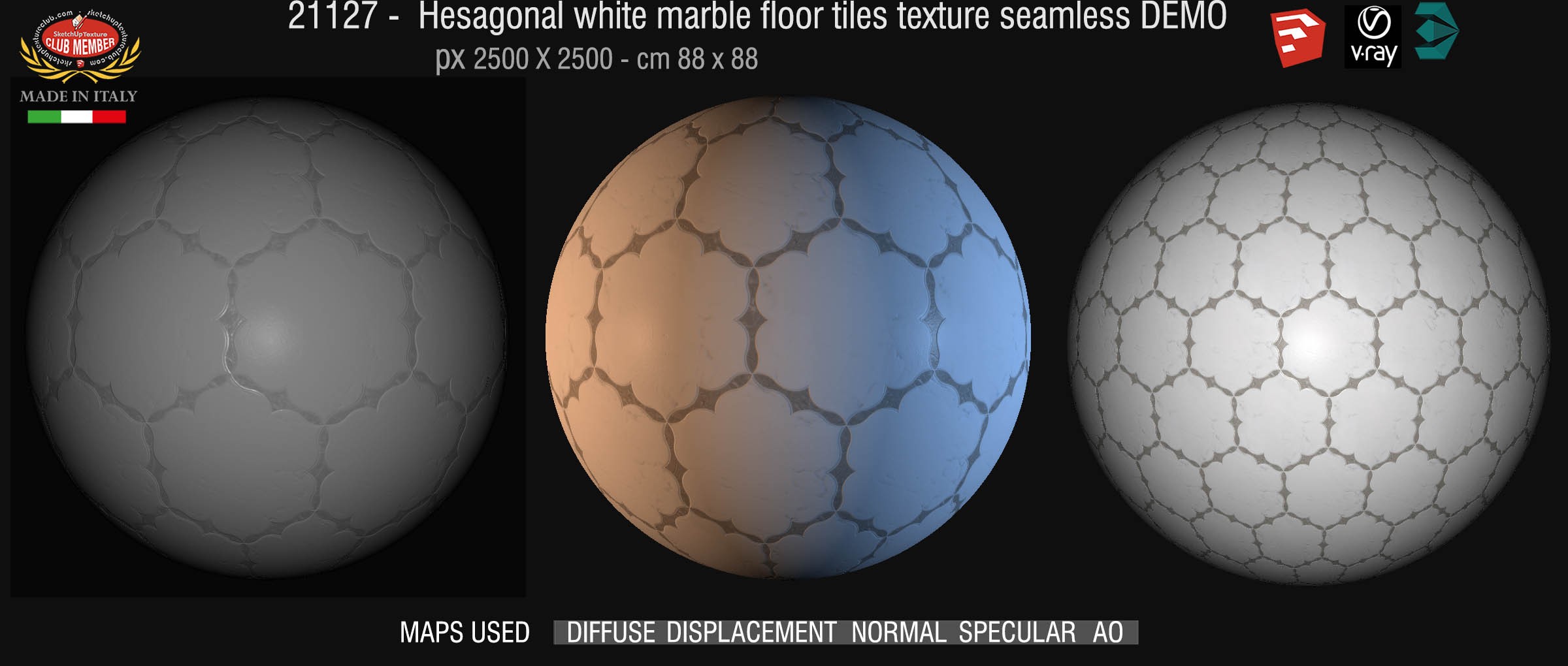21127  Hexagonal white marble floor tile texture seamless + maps DEMO