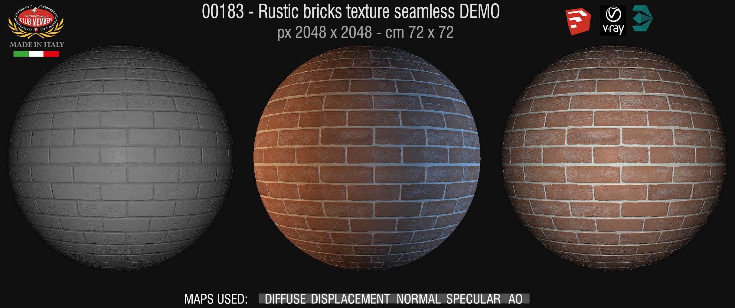 00183 Rustic brick texture seamless + maps DEMO