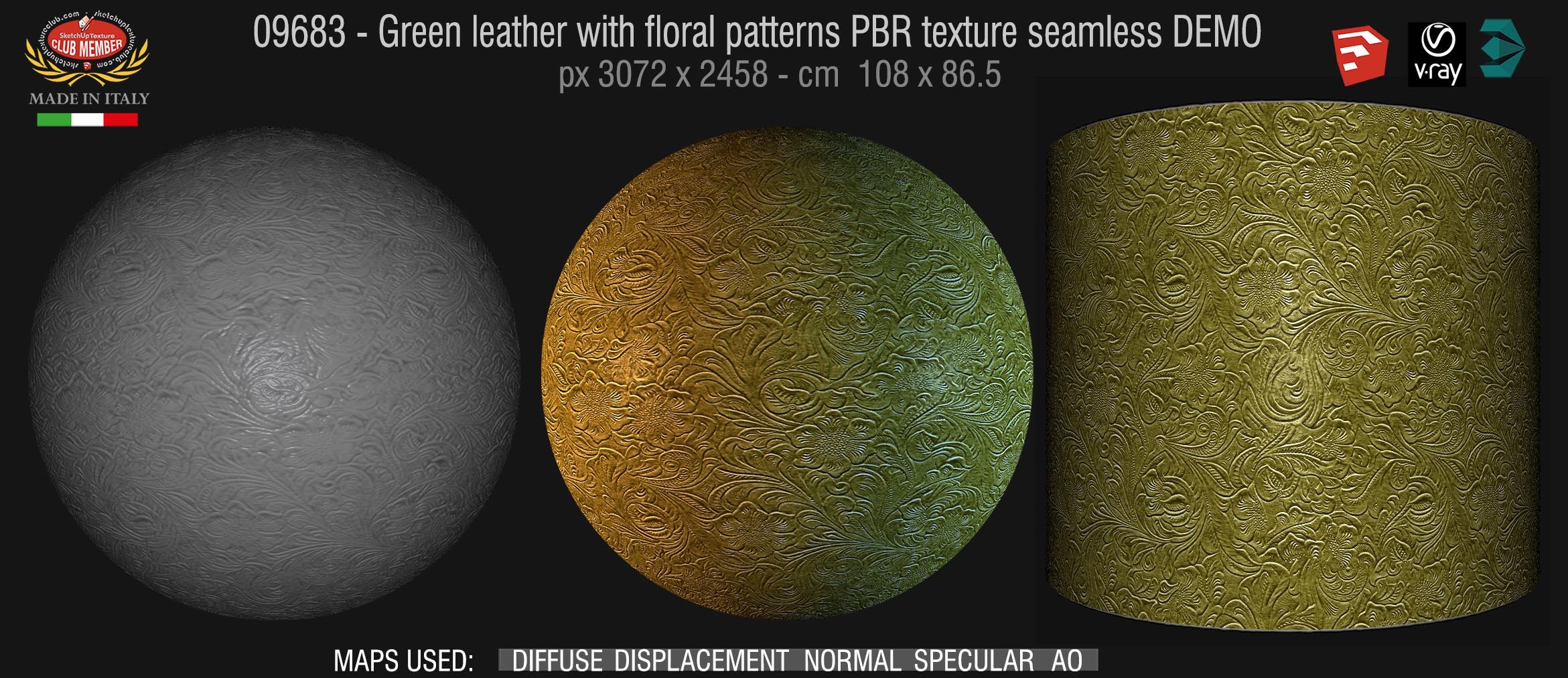 09683 Green leather with floral patterns PBR texture seamless DEMO