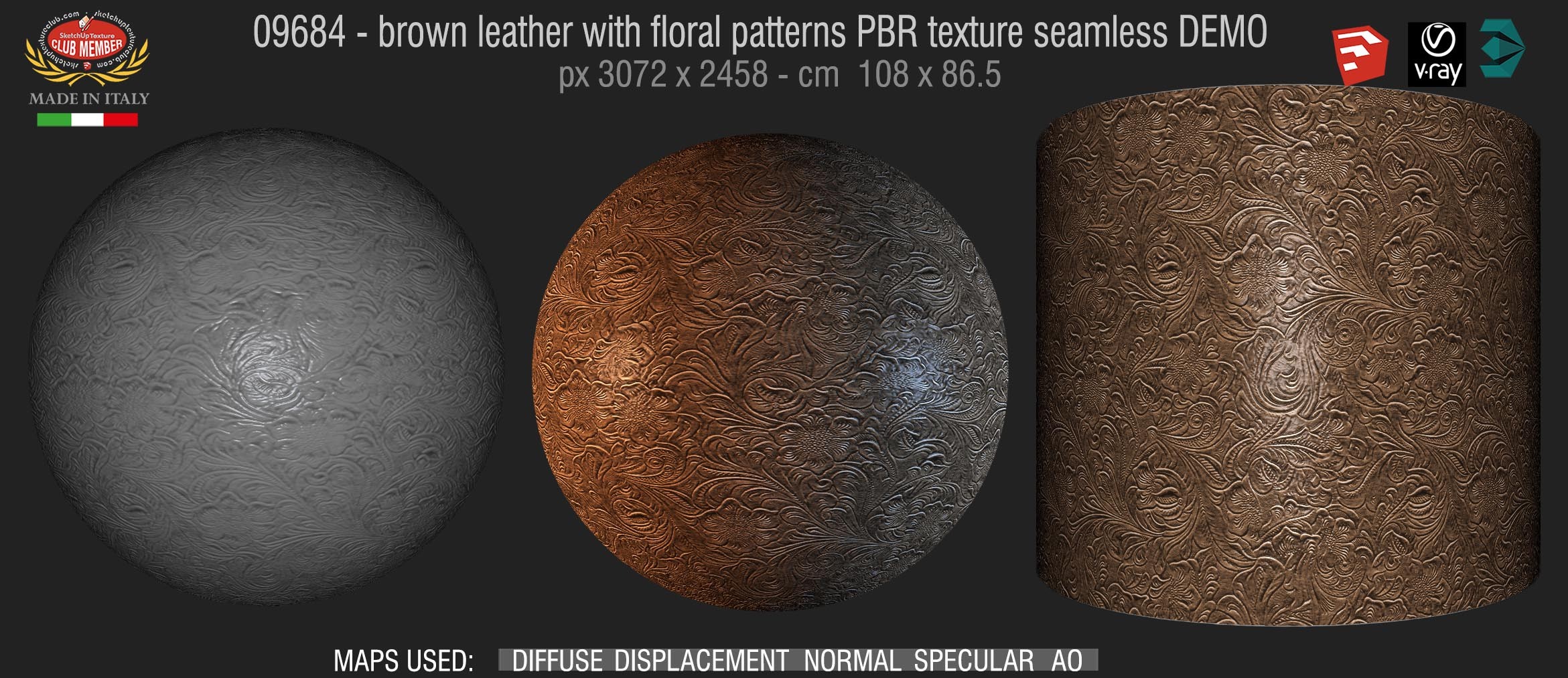 09684 brown leather with floral patterns PBR texture seamless DEMO