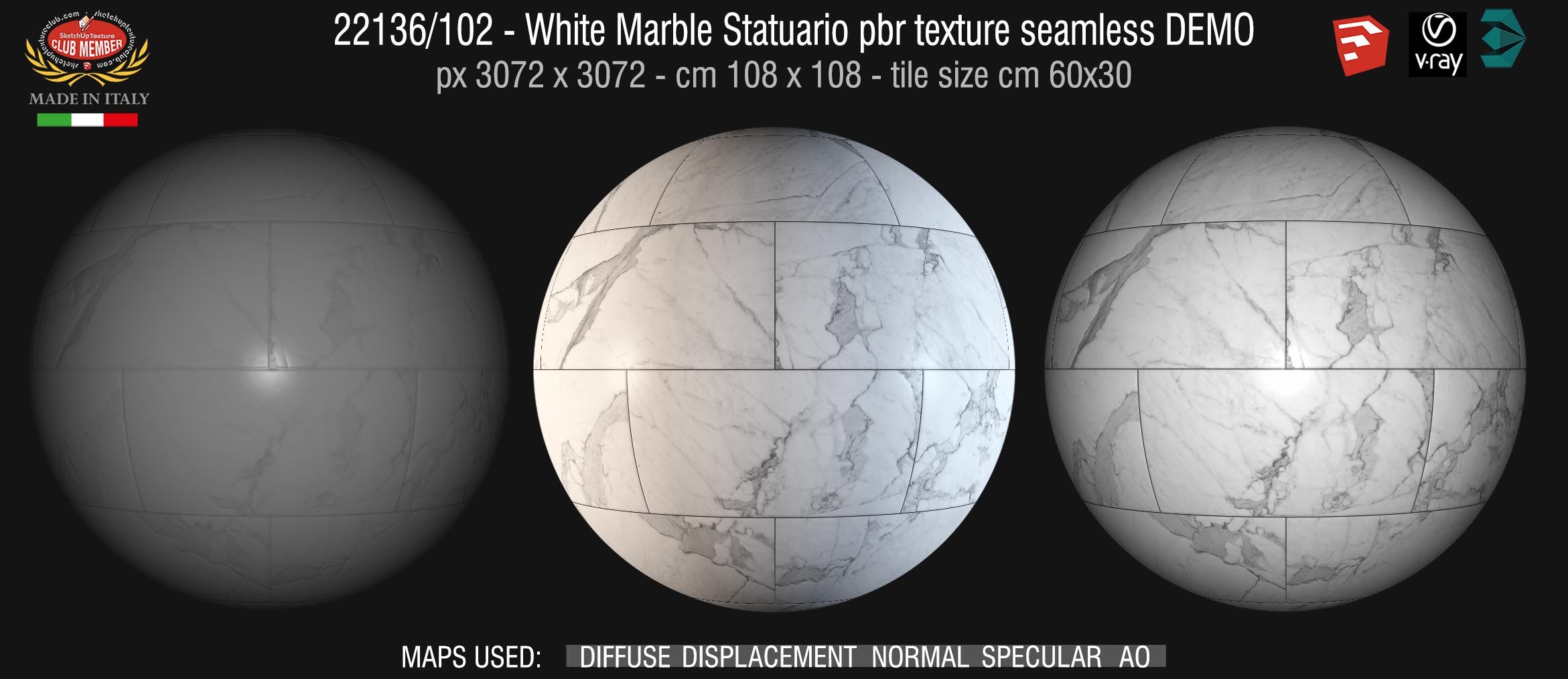 22136/102 White Marble Statuario pbr texture seamless DEMO  -  Tile size cm 60x30