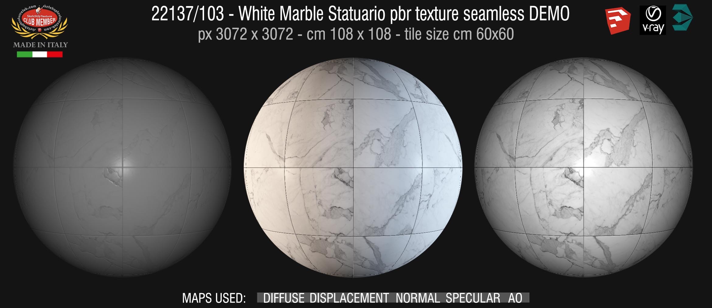 22137/103 White Marble Statuario pbr texture seamless DEMO - tile size cm 60x60