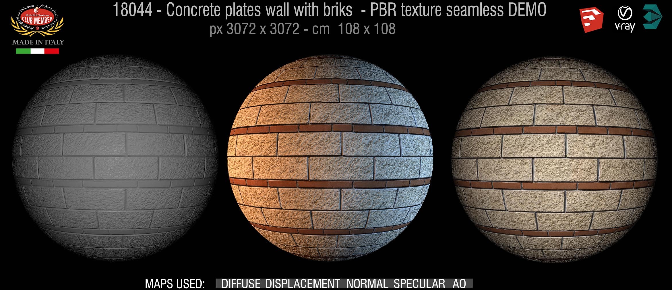 18044 Concrete plates wall with briks PBR texture seamless DEMO