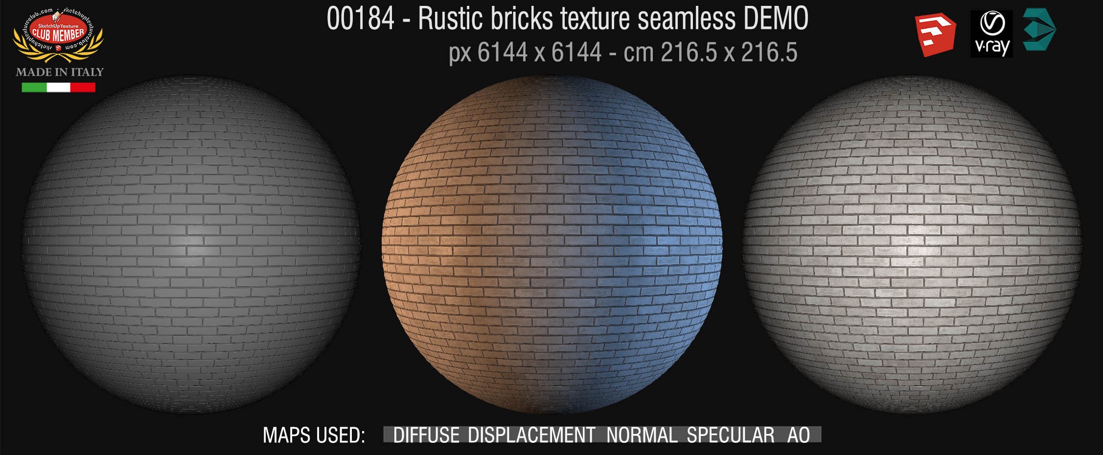 00184 Rustic brick texture seamless + maps DEMO