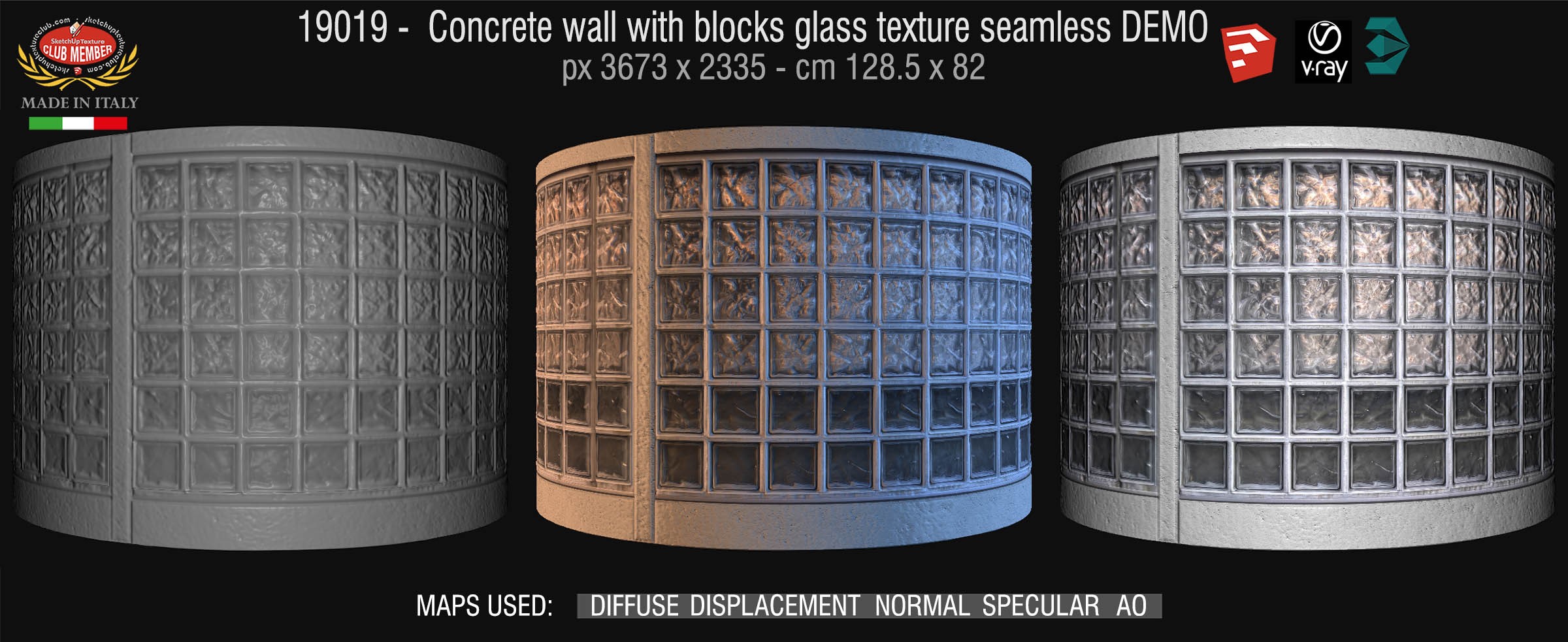 19019 Concrete wall with blocks glass texture seamless + maps DEMO