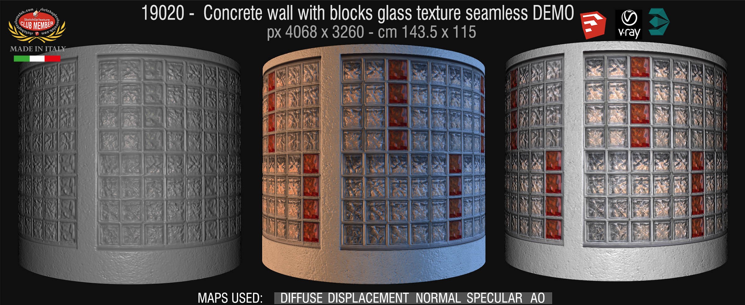 19020 Concrete wall with blocks glass texture seamless + maps DEMO