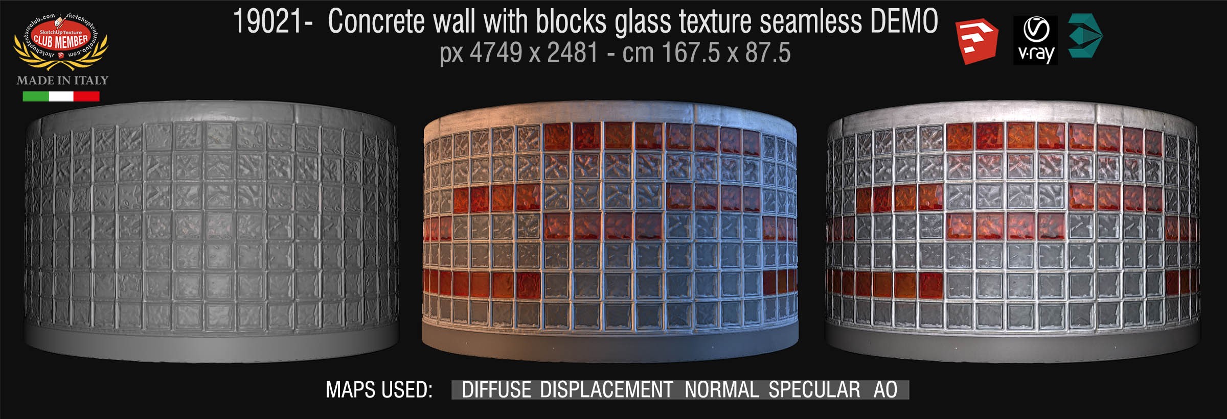 19021 Concrete wall with blocks glass texture seamless + maps DEMO