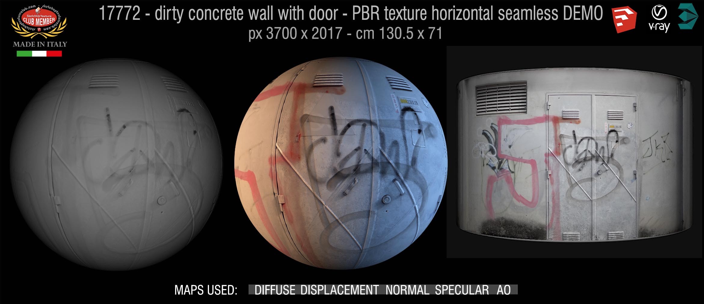 17772 dirty concrete wall with door PBR texture horizontal seamless DEMO