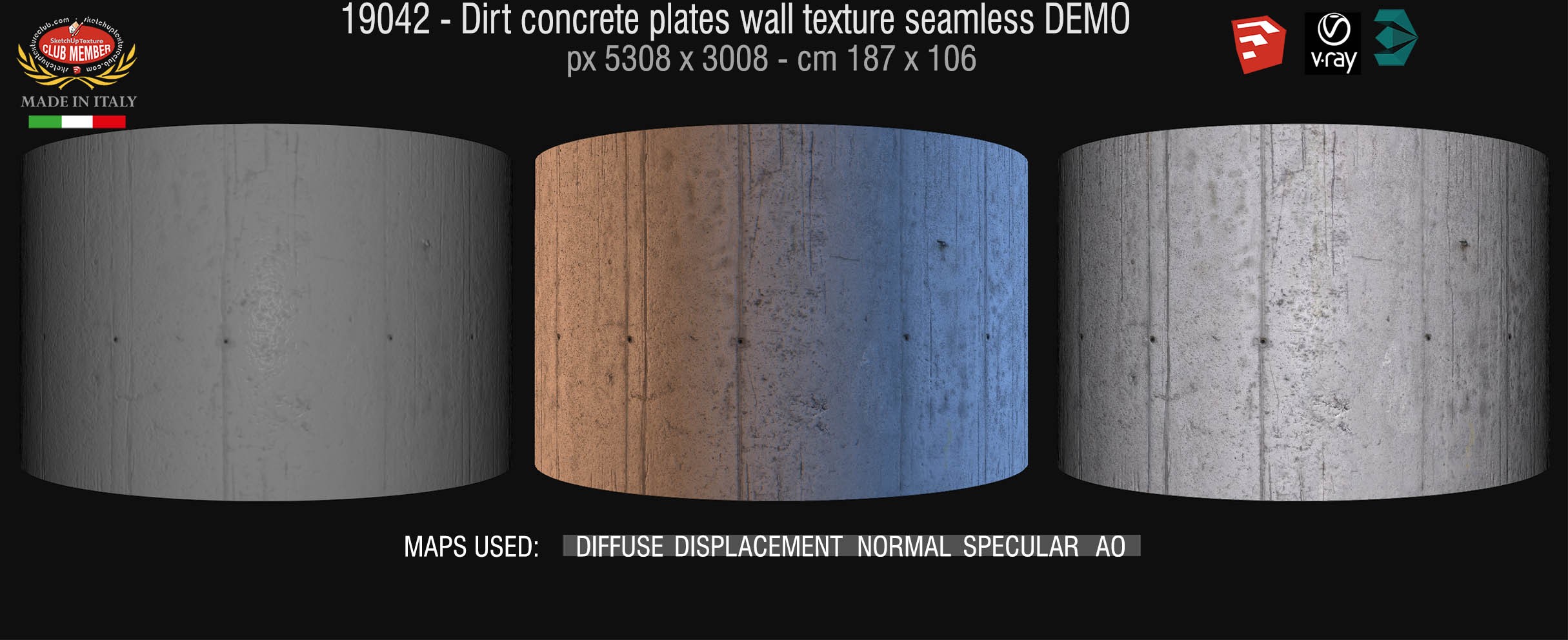 19042 Dirty concrete plates wall texture seamless + maps DEMO