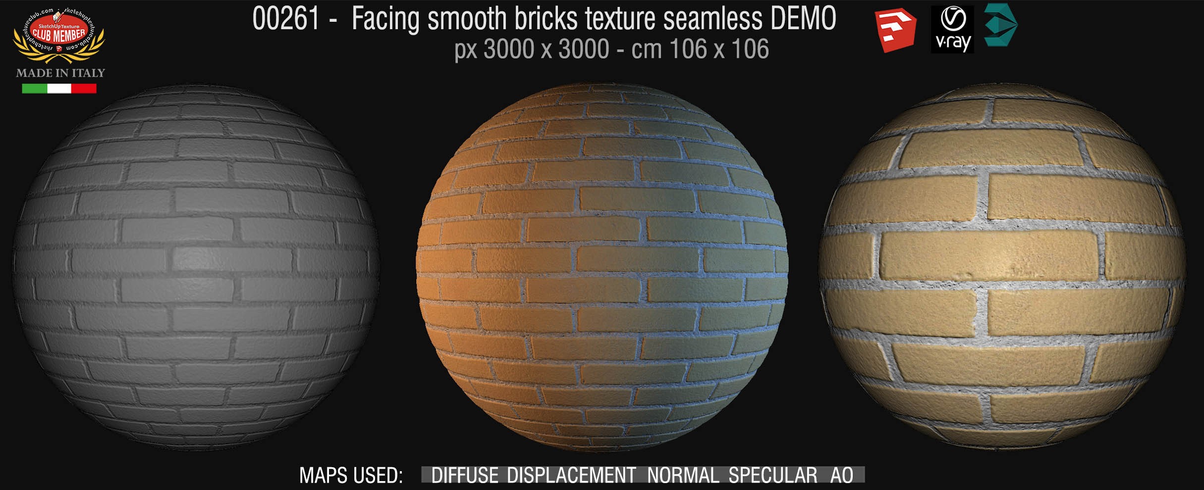 00261  Facing smooth bricks texture seamless + maps DEMO