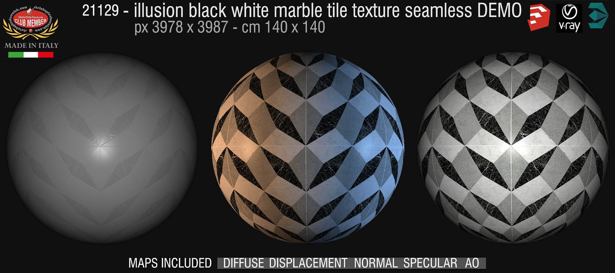 21129 Illusion black white marble floor tile texture seamless + maps DEMO