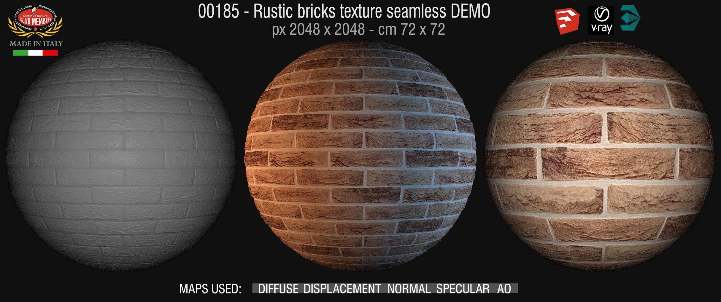 00185  Rustic brick texture seamless + maps DEMO