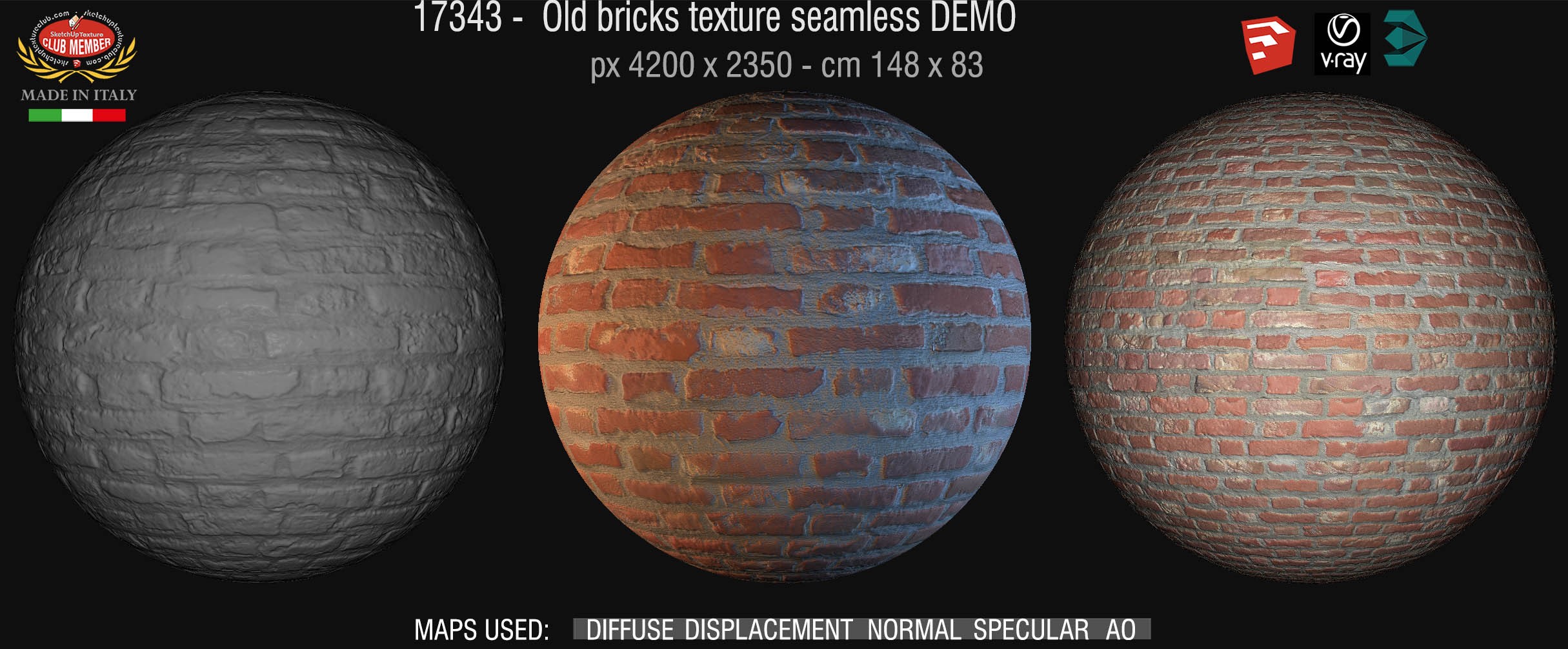 17343 Old bricks texture seamless + maps DEMO