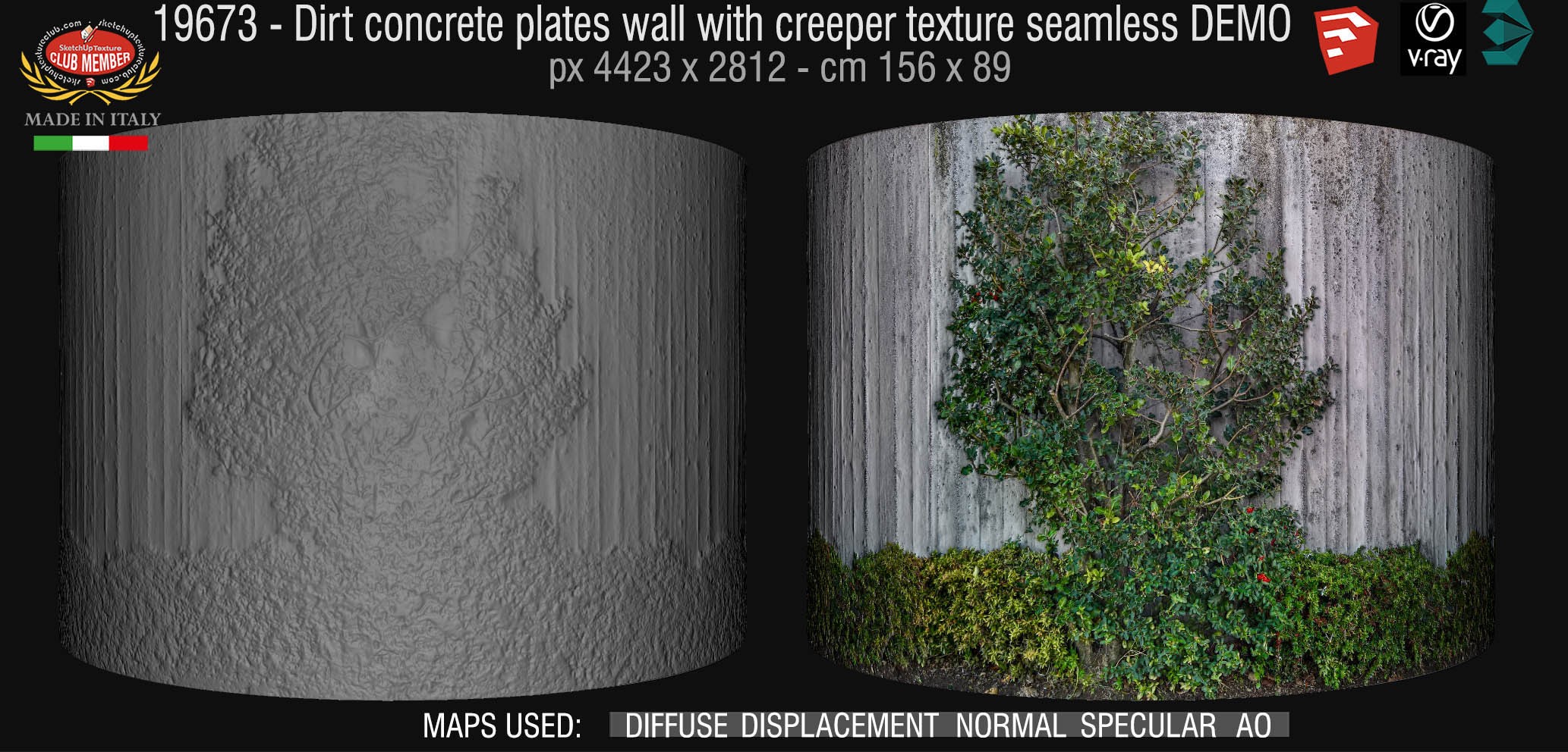 19673 Dirt concrete plates wall with creeper texture horizontal seamless + maps DEMO
