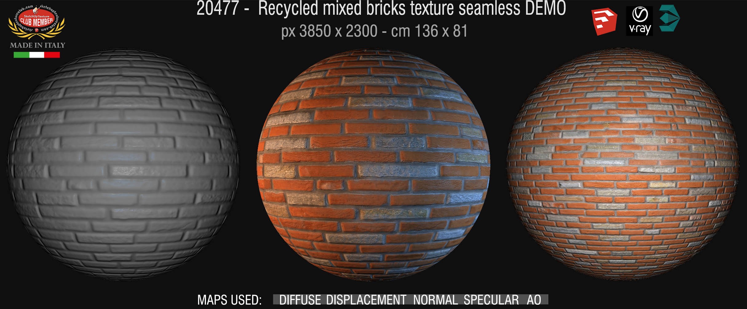 20477  Recycled mixed bricks texture seamless + maps DEMO