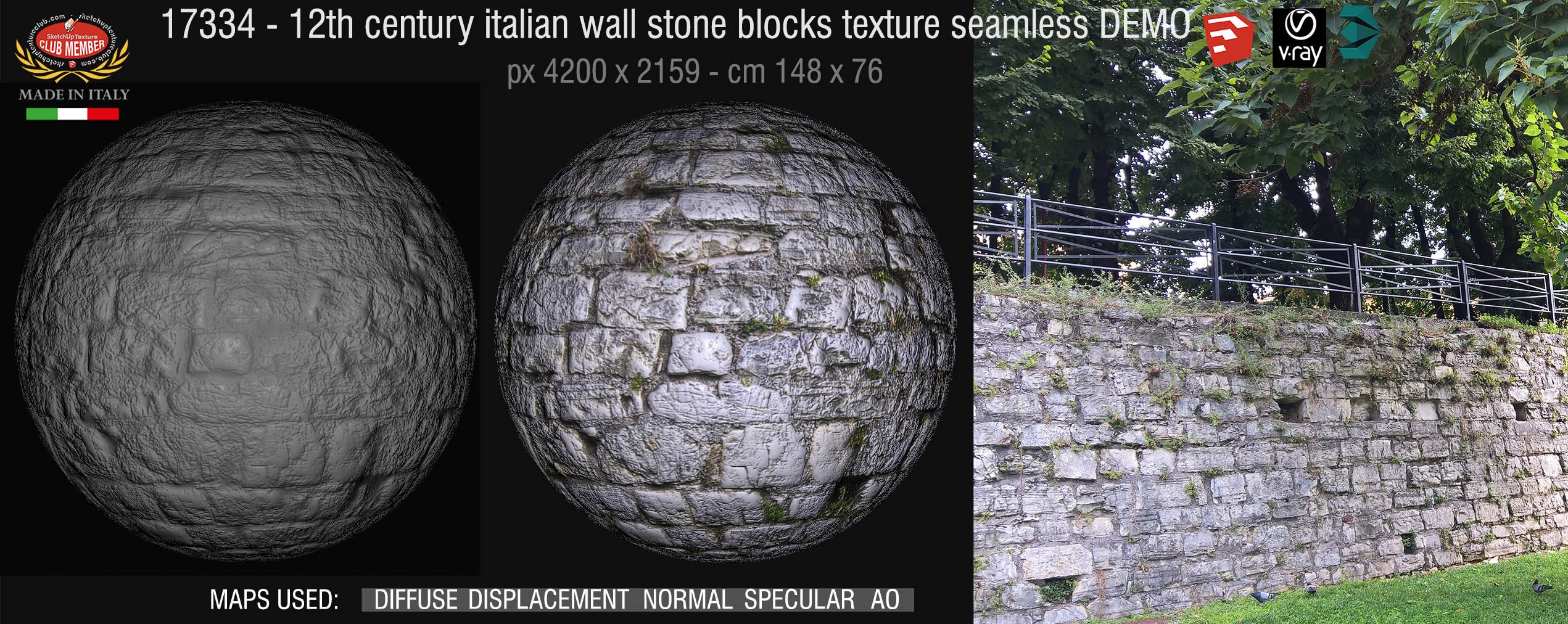 17334 HR 12th century italian wall stone blocks texture + maps DEMO