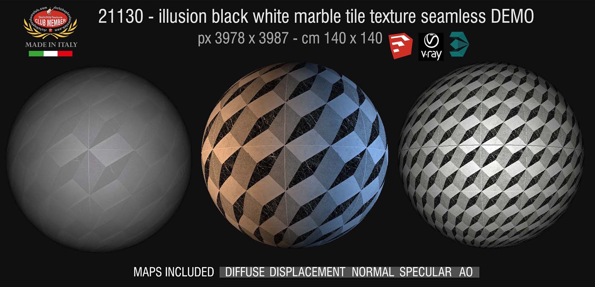 21130 Illusion black white marble floor tile texture seamless + maps DEMO