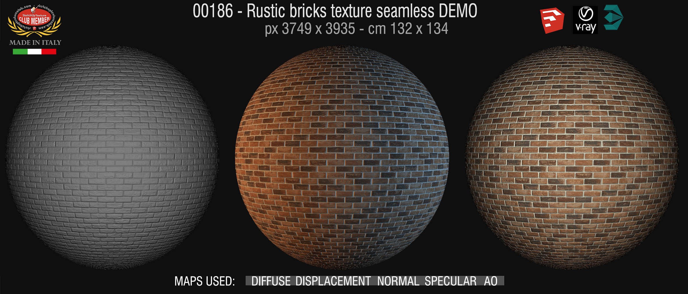 00186 Rustic brick texture seamless + maps DEMO