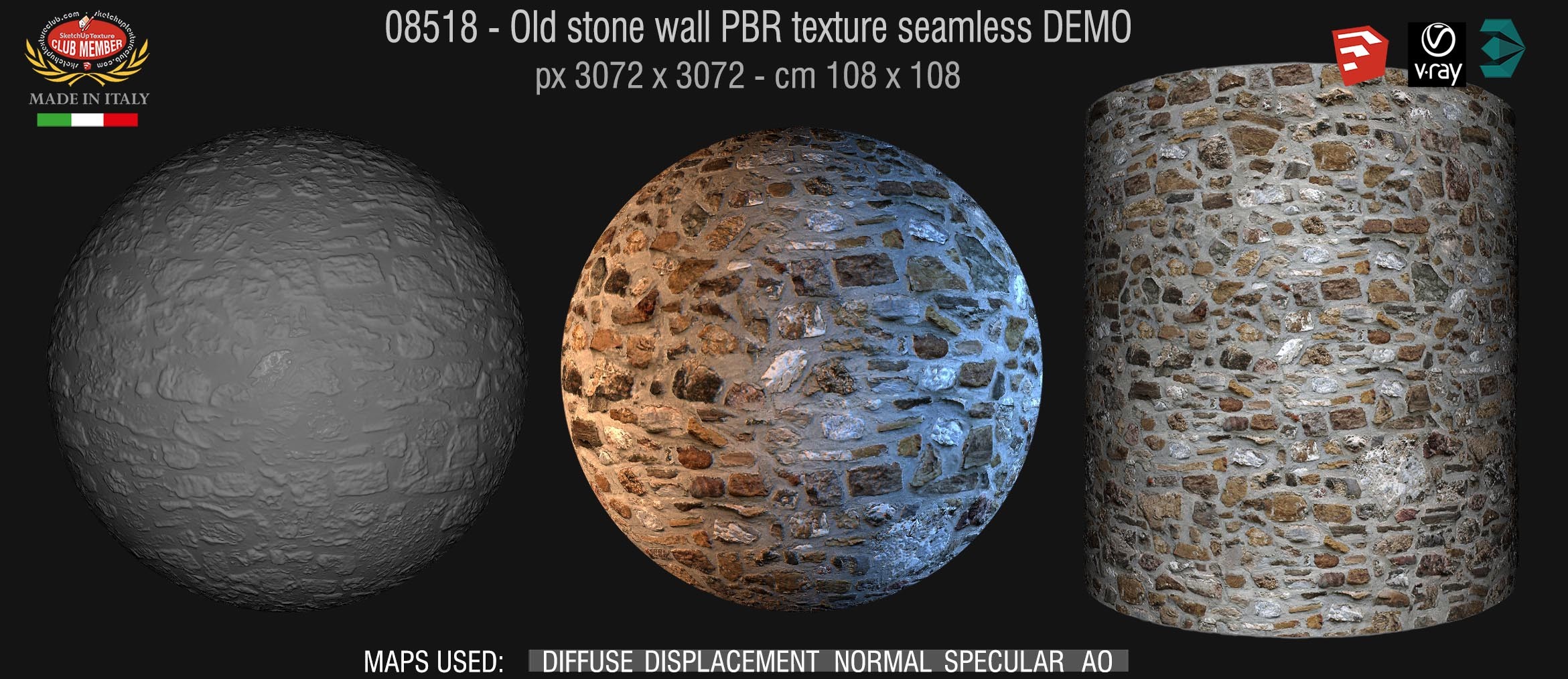 08518 Old stone wall PBR texture seamless DEMO