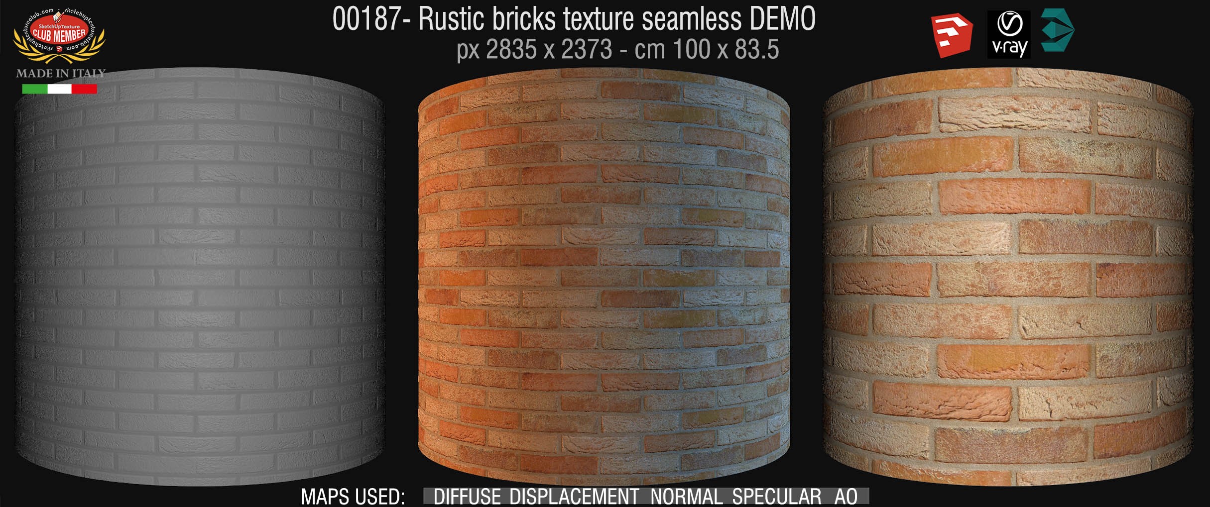 00187 Rustic brick texture seamless + maps DEMO