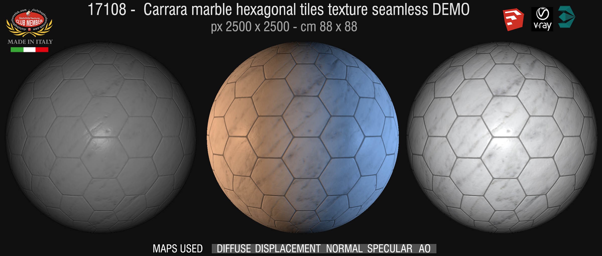 1708 Carrara marble hexagonal tiles texture seamless + maps DEMO