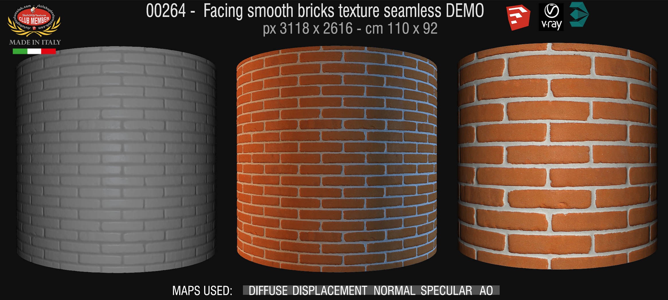 00264  Facing smooth bricks texture seamless + maps DEMO