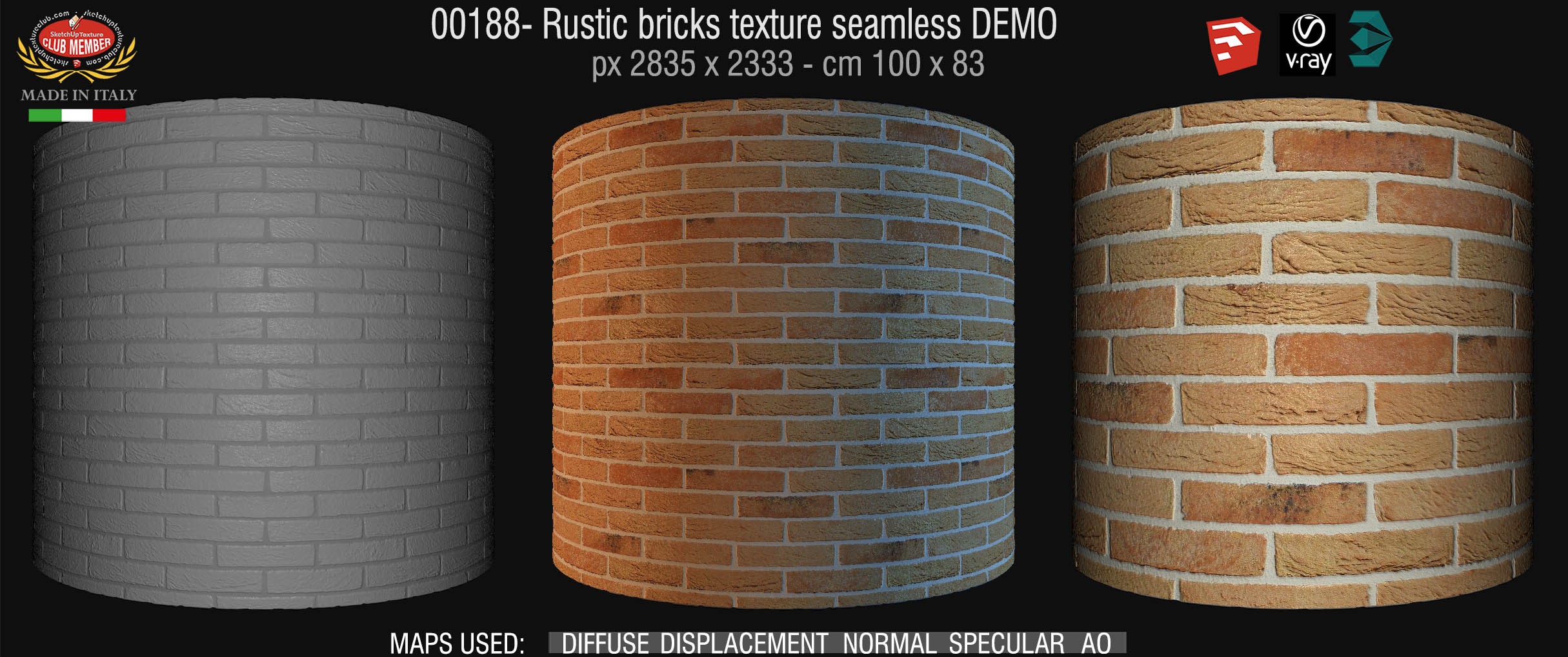 00188 Rustic brick texture seamless + maps DEMO