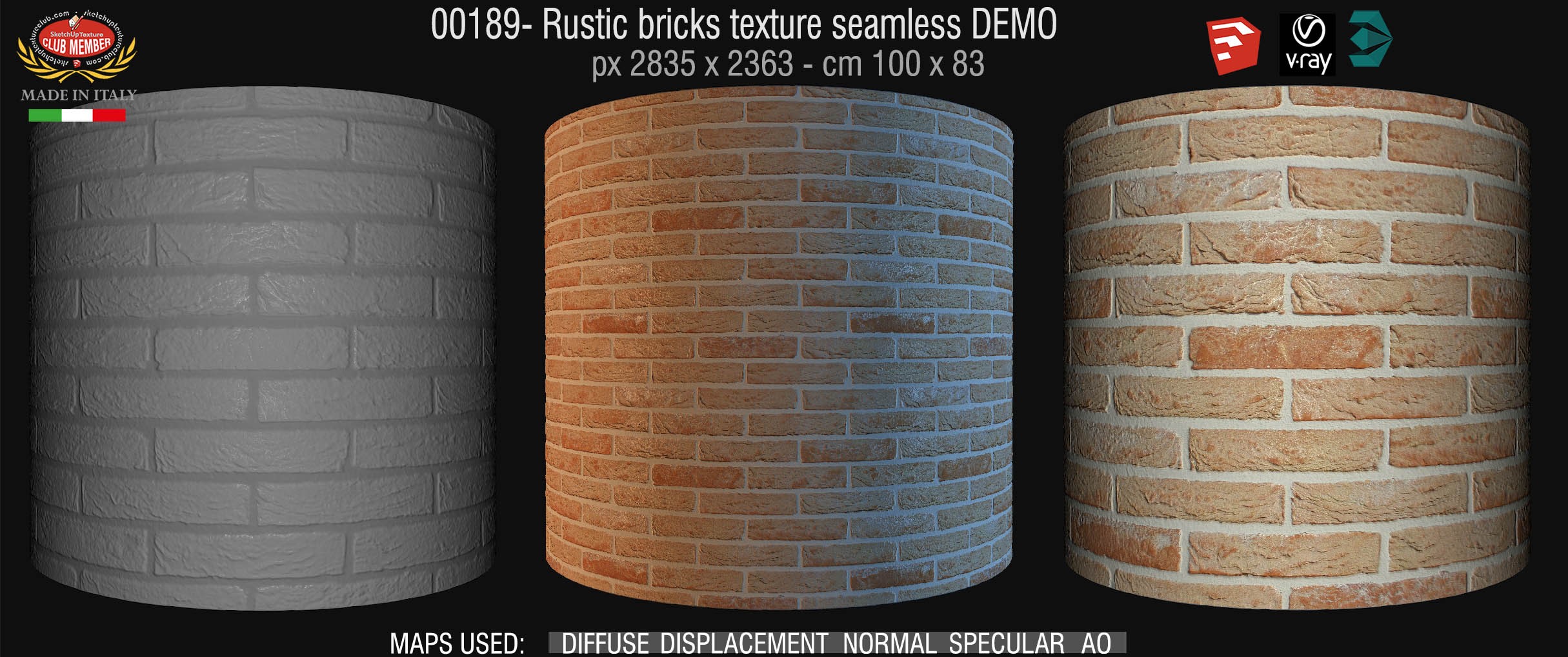 00189 Rustic brick texture seamless + maps DEMO