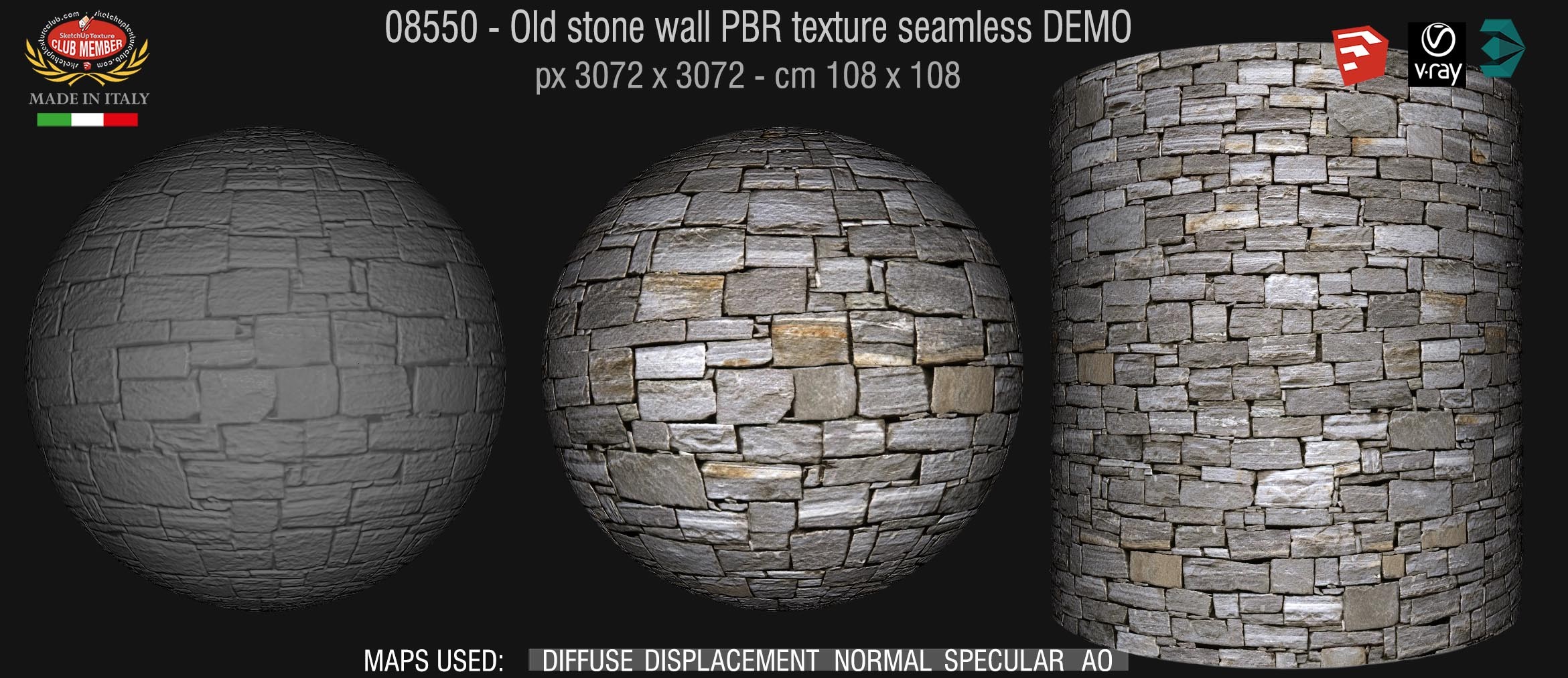 08550 Old stone wall PBR texture seamless DEMO