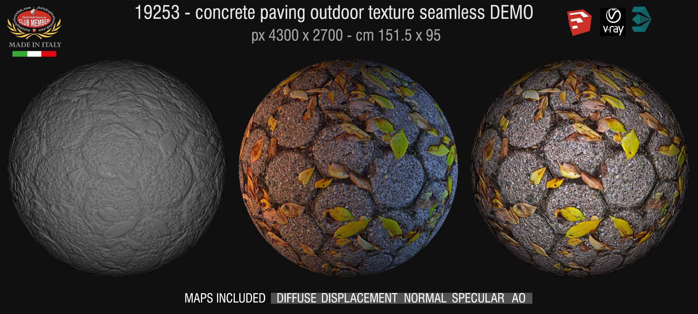 19253 HR Concrete paving outdoor with dead leaves texture + maps DEMO