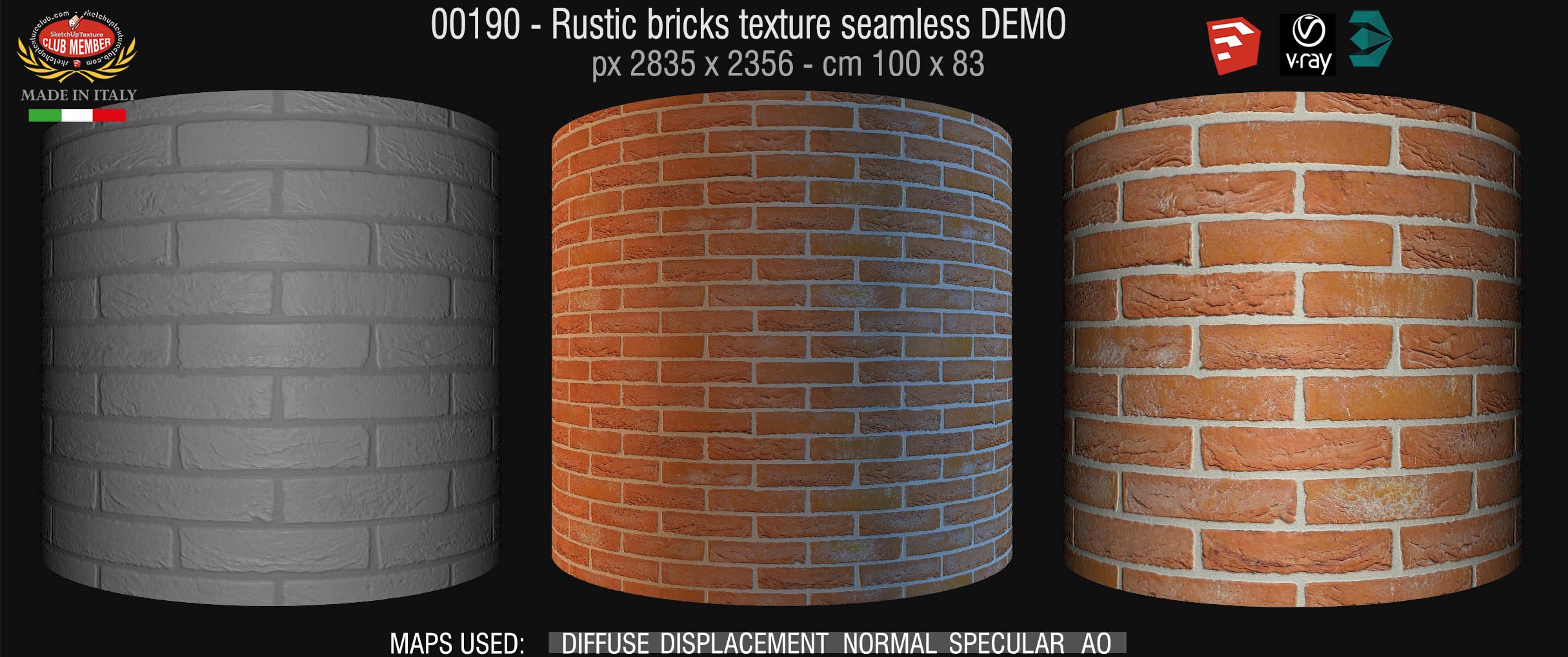00190 Rustic bricks texture seamless + maps DEMO