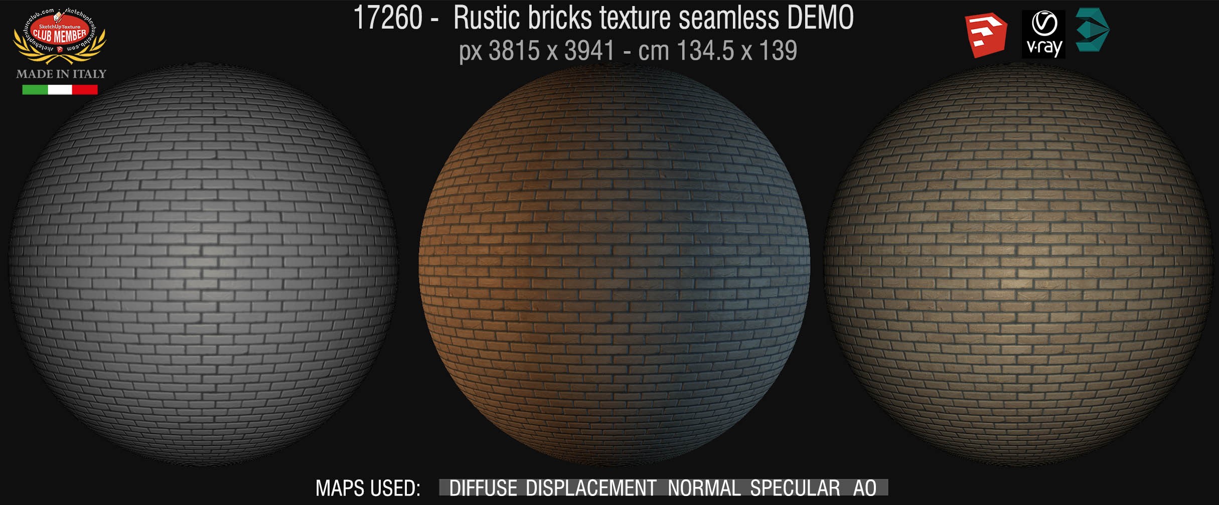17260 Rustic bricks texture seamless + maps DEMO