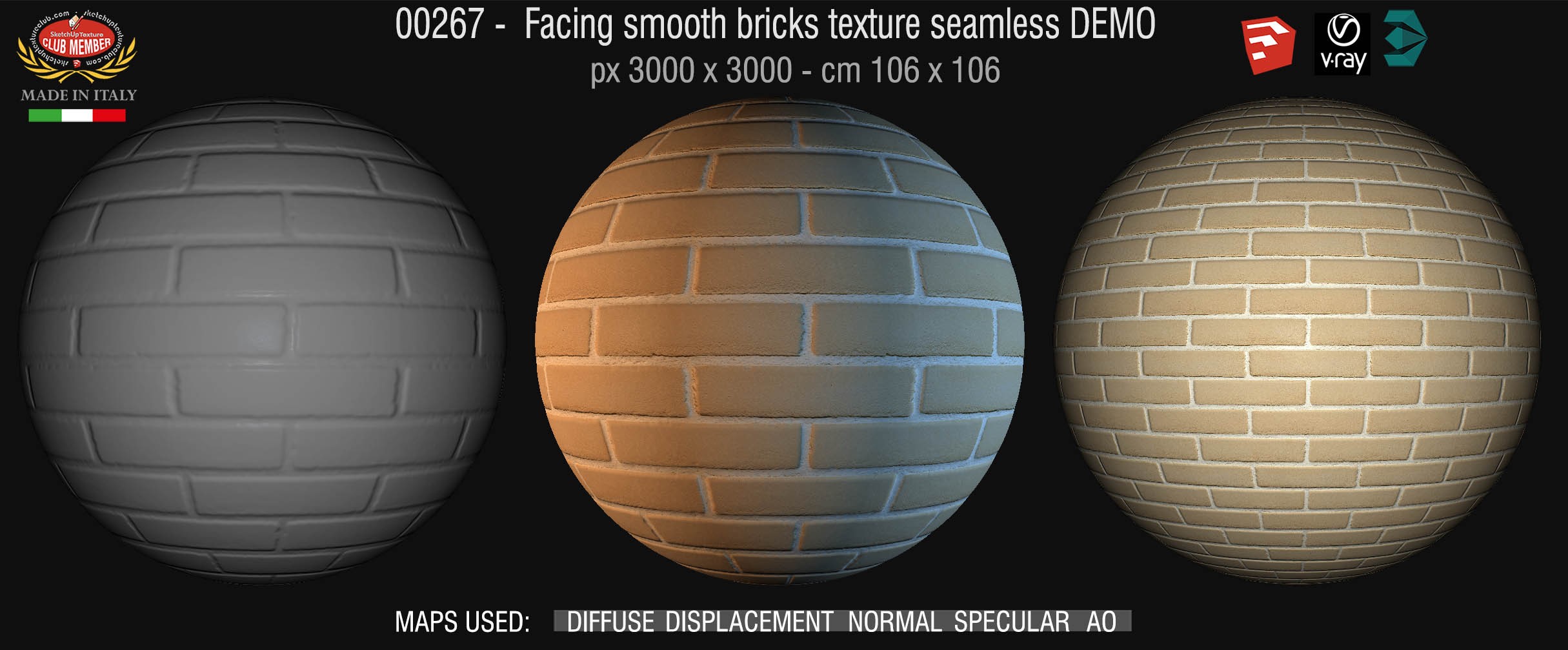 00267 Facing smooth bricks texture seamless + maps DEMO