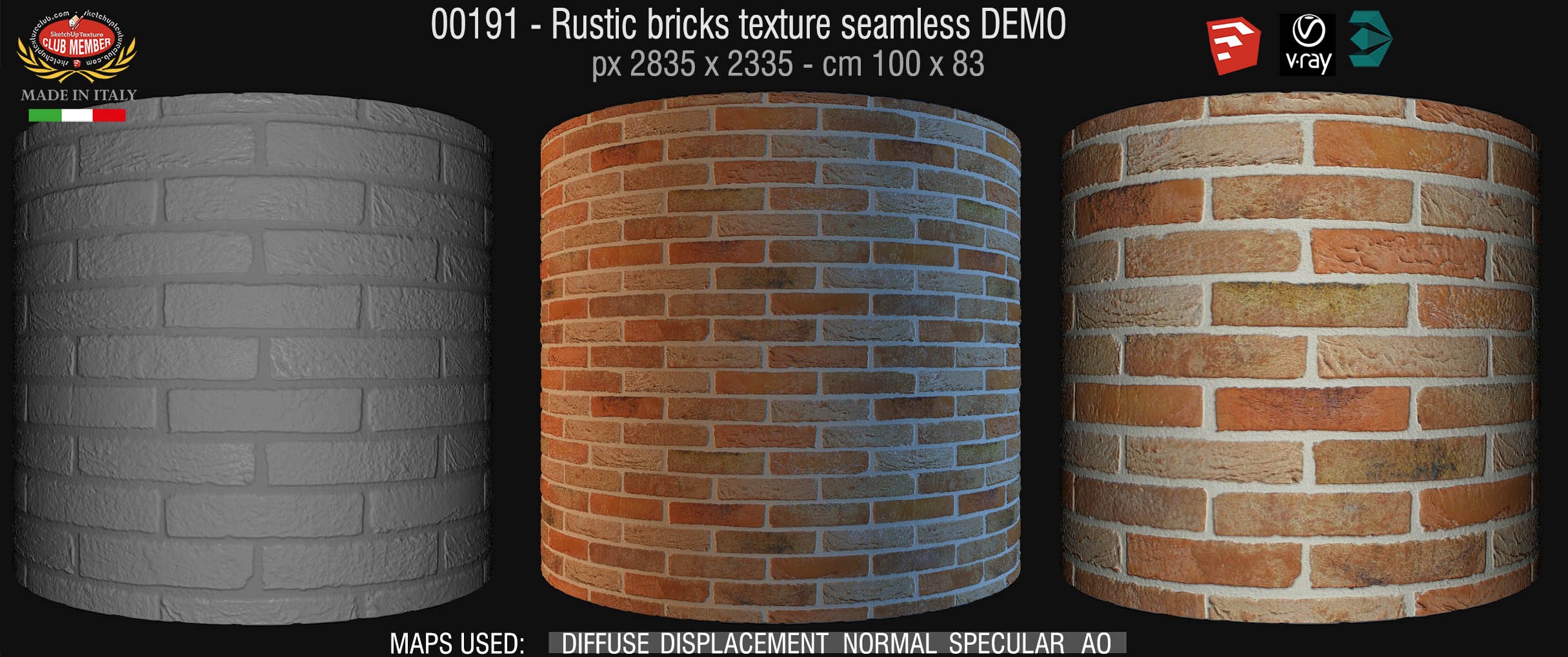 00191 Rustic bricks texture seamless + maps DEMO