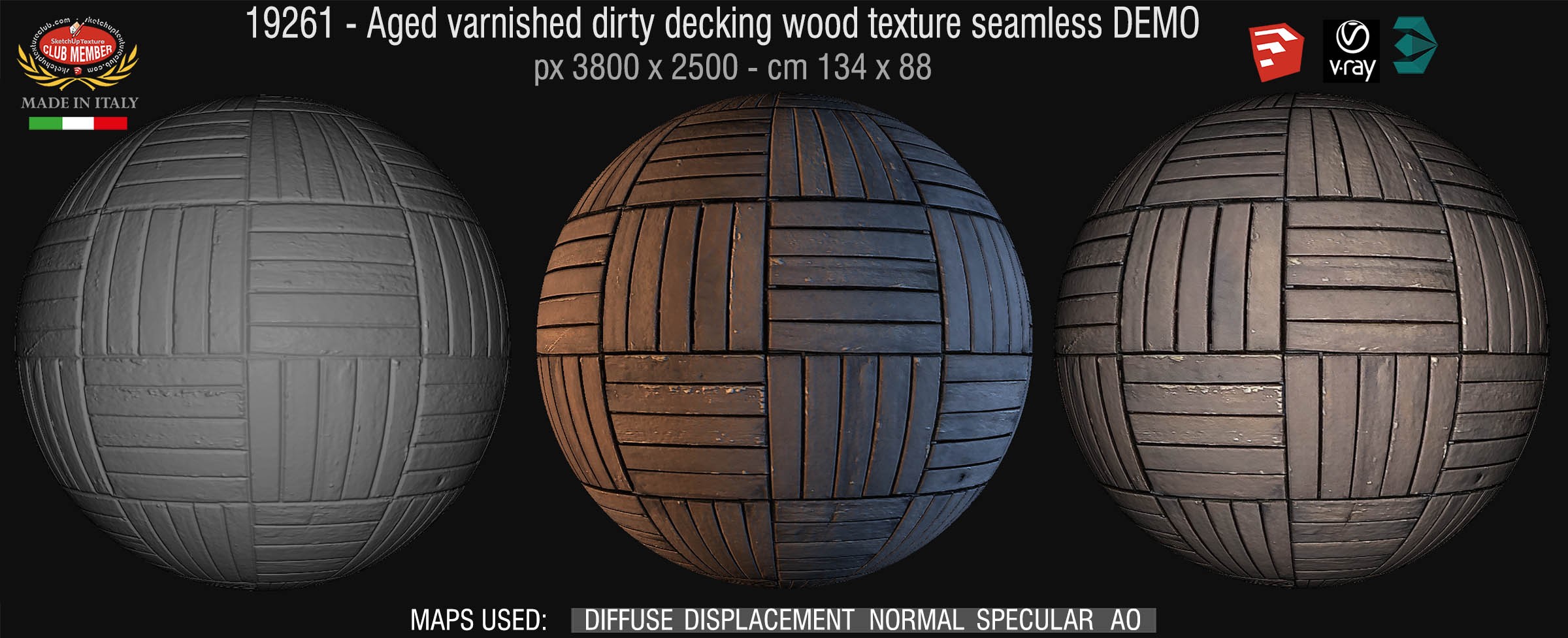19621 HR Aged varnished dirty decking wood cm 10x10 texture seamless + maps DEMO